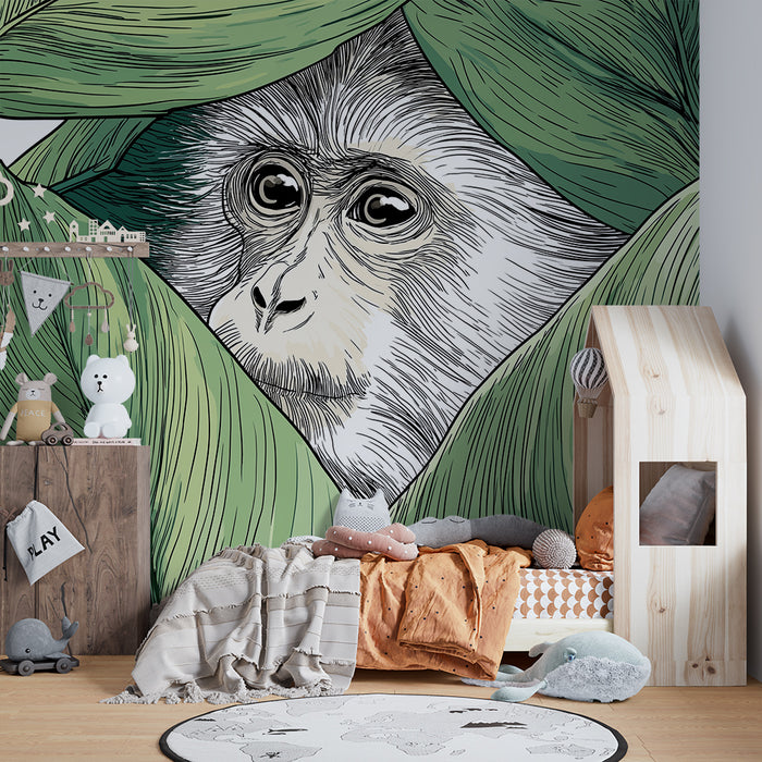 Kids room wallpaper | Curious monkey hidden among lush leaves