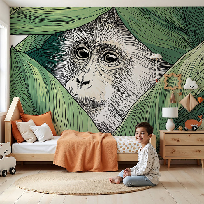 Kids room wallpaper | Uudishimulik ahv peidus roheliste lehtede vahel