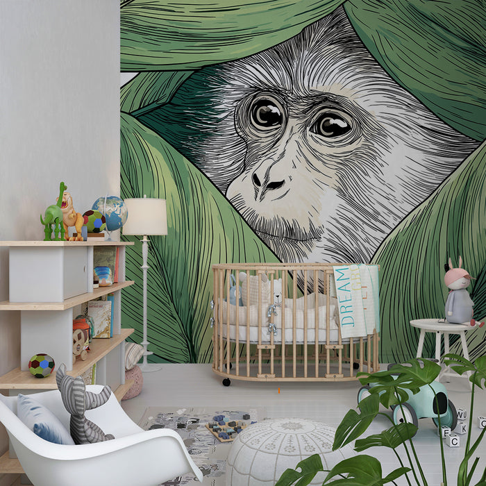 Kids room wallpaper | Uudishimulik ahv peidus roheliste lehtede vahel