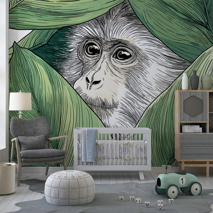 Kids room wallpaper | Uudishimulik ahv peidus roheliste lehtede vahel