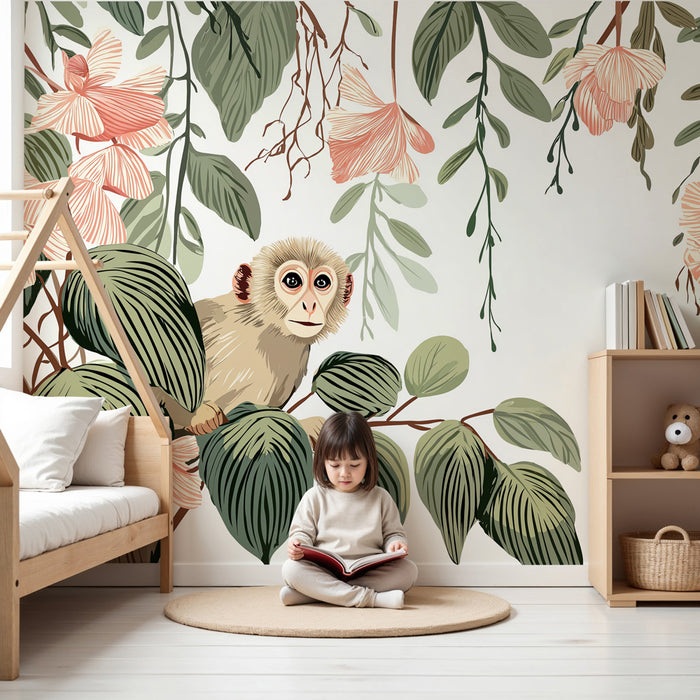 Papier peint chambre enfant | Singe curieux dans la jungle tropicale