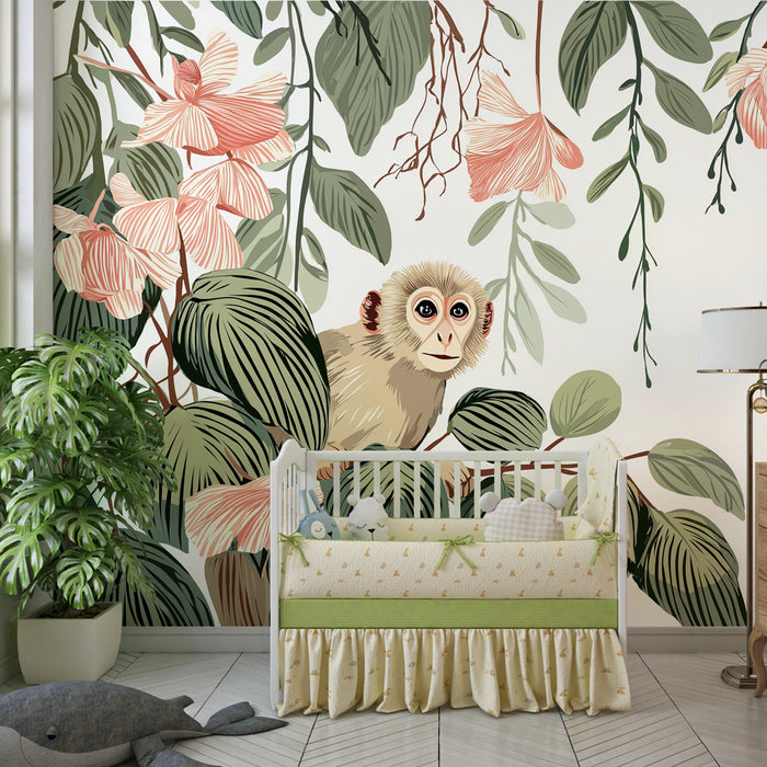Papier peint chambre enfant | Singe curieux dans la jungle tropicale