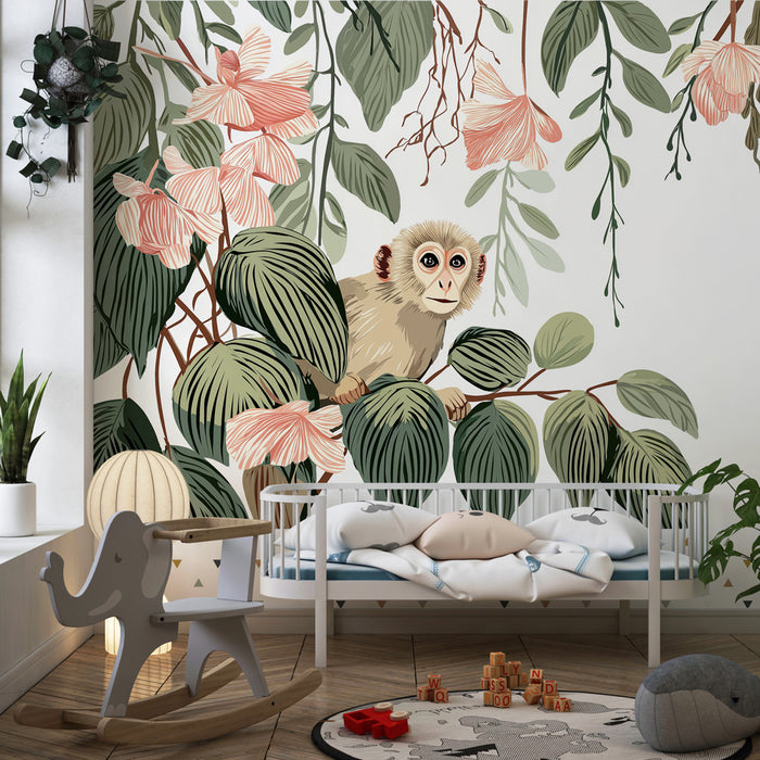 Papier peint chambre enfant | Singe curieux dans la jungle tropicale