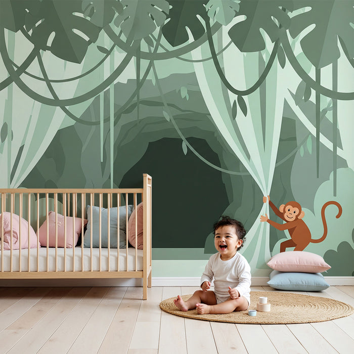 Kids' Room Wallpaper | Curious Monkey in a Mysterious Jungle