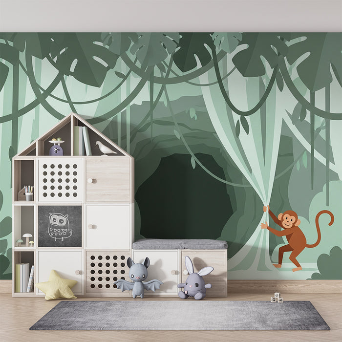 Kids' Room Wallpaper | Curious Monkey in a Mysterious Jungle