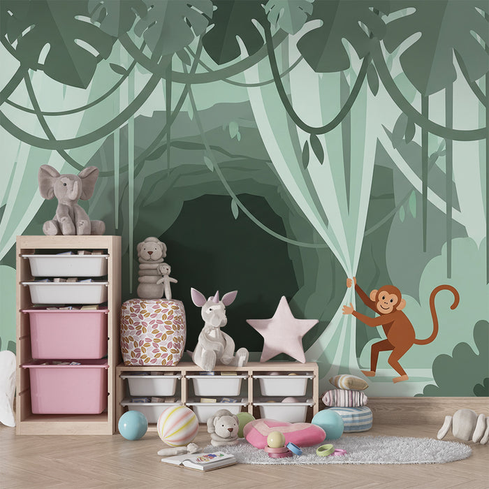 Kids' Room Wallpaper | Curious Monkey in a Mysterious Jungle