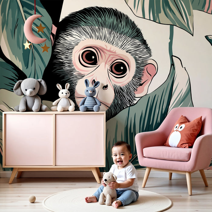 Kinderzimmer Tapete | Neugieriger Affe und tropisches Laubwerk