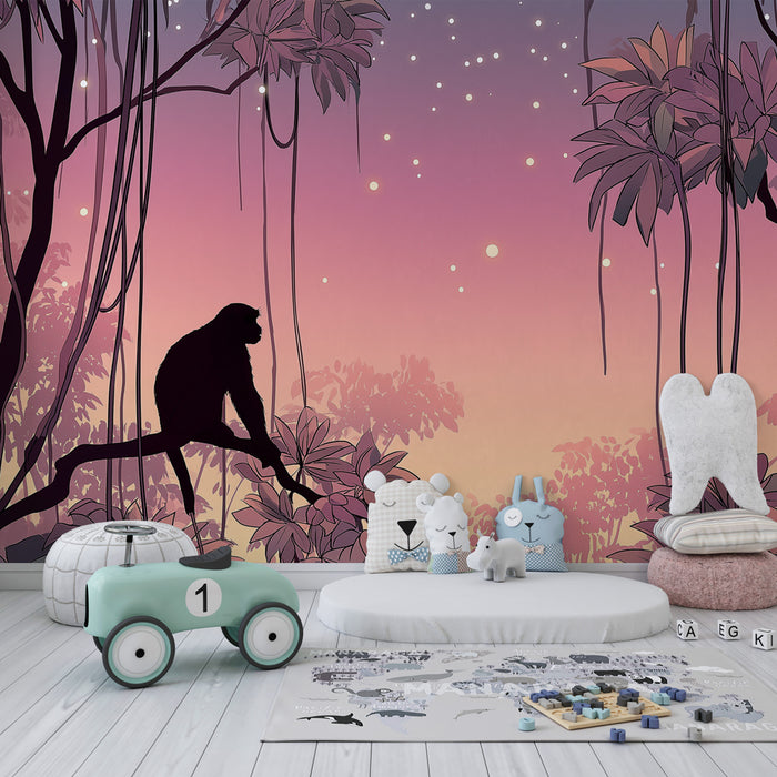 Papier peint chambre enfant | Singe dans la jungle au crépuscule
