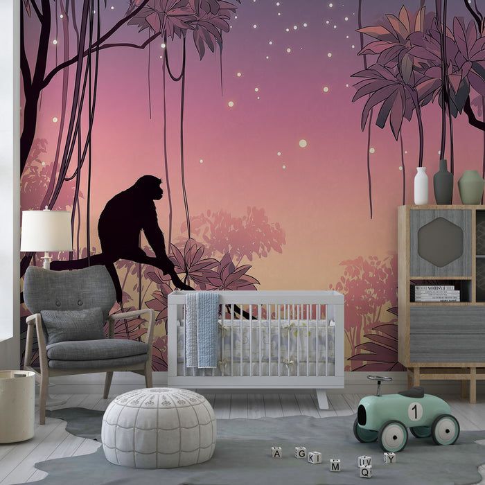 Papier peint chambre enfant | Singe dans la jungle au crépuscule