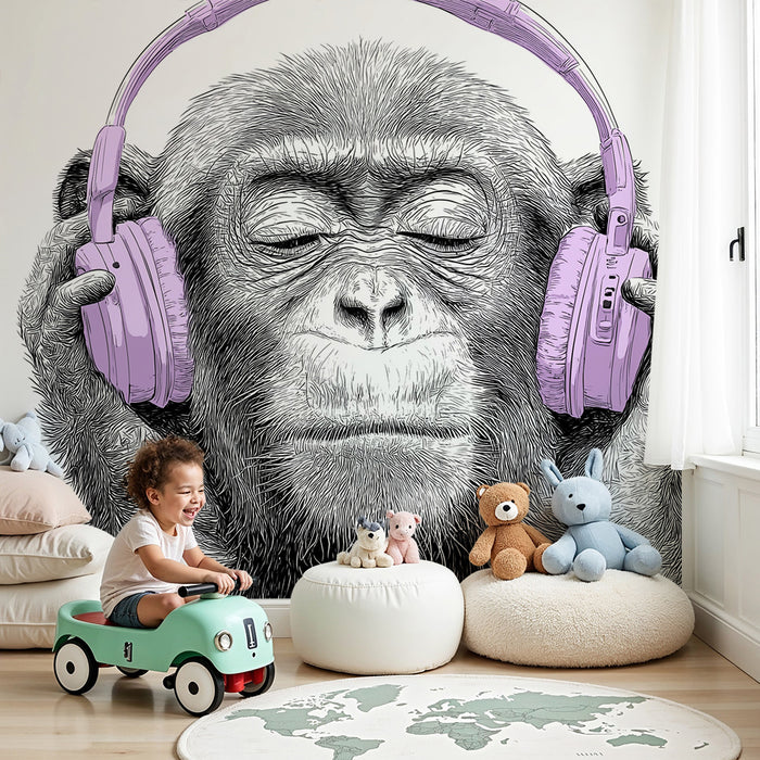 Kinderzimmer Tapete | Affe hört Musik mit rosa Kopfhörern