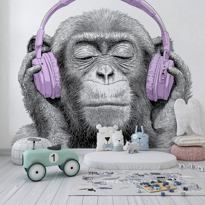 Kinderzimmer Tapete | Affe hört Musik mit rosa Kopfhörern