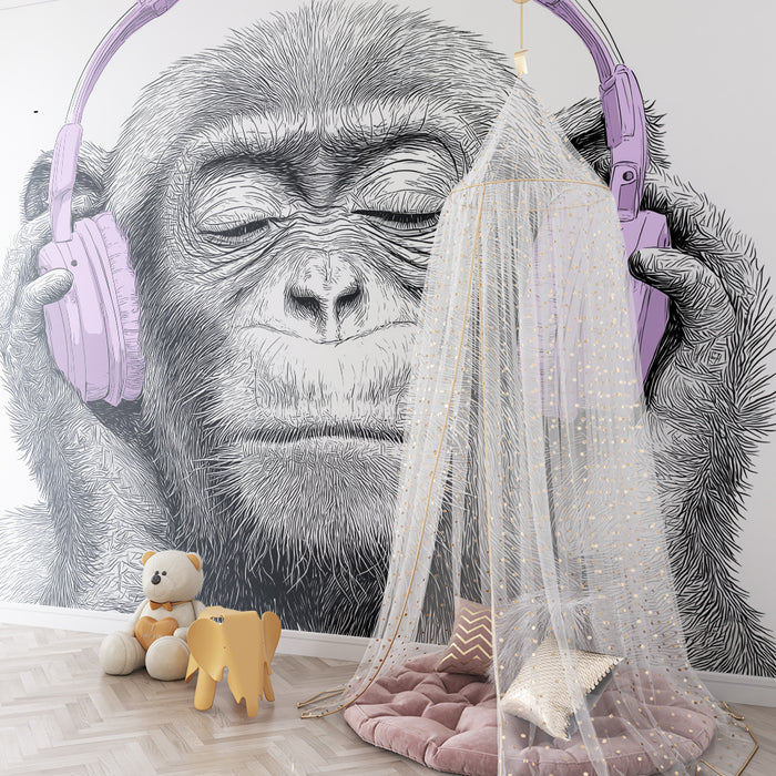 Kinderzimmer Tapete | Affe hört Musik mit rosa Kopfhörern
