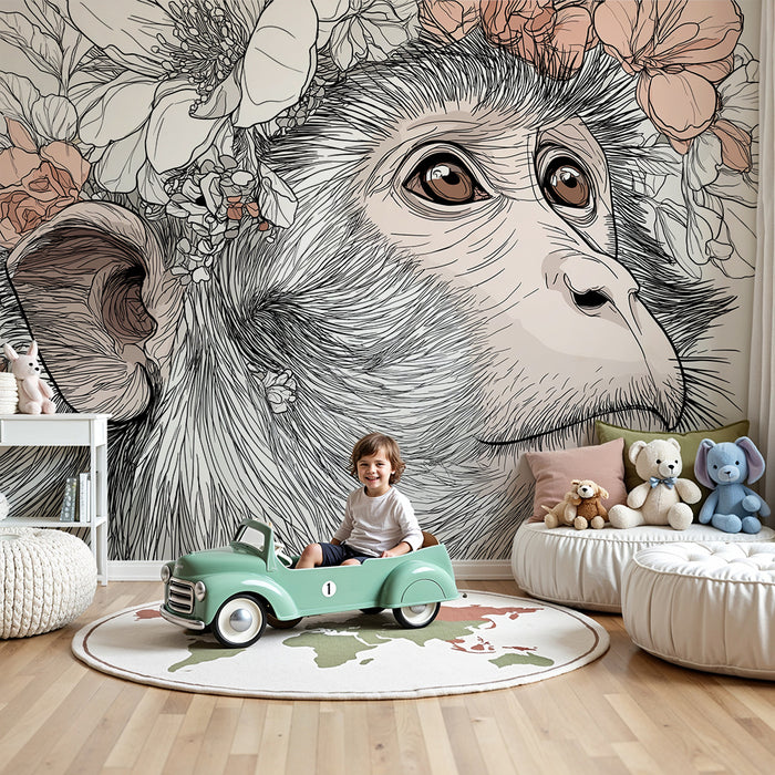 Papel de parede criança | Macaco elegante com flores delicadas