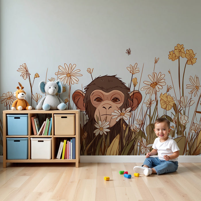 Papier peint chambre enfant | Singe espiègle au milieu des fleurs