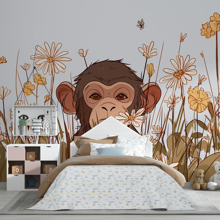 Papier peint chambre enfant | Singe espiègle au milieu des fleurs