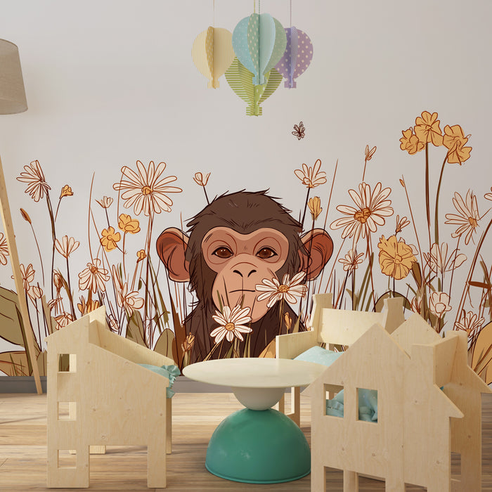 Papier peint chambre enfant | Singe espiègle au milieu des fleurs