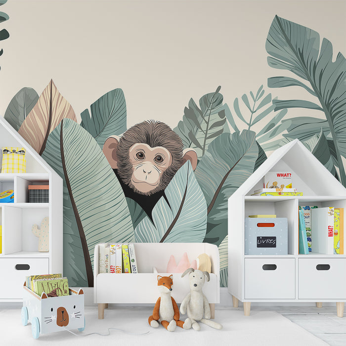 Papel pintado infantil | Mono travieso escondido entre las hojas tropicales