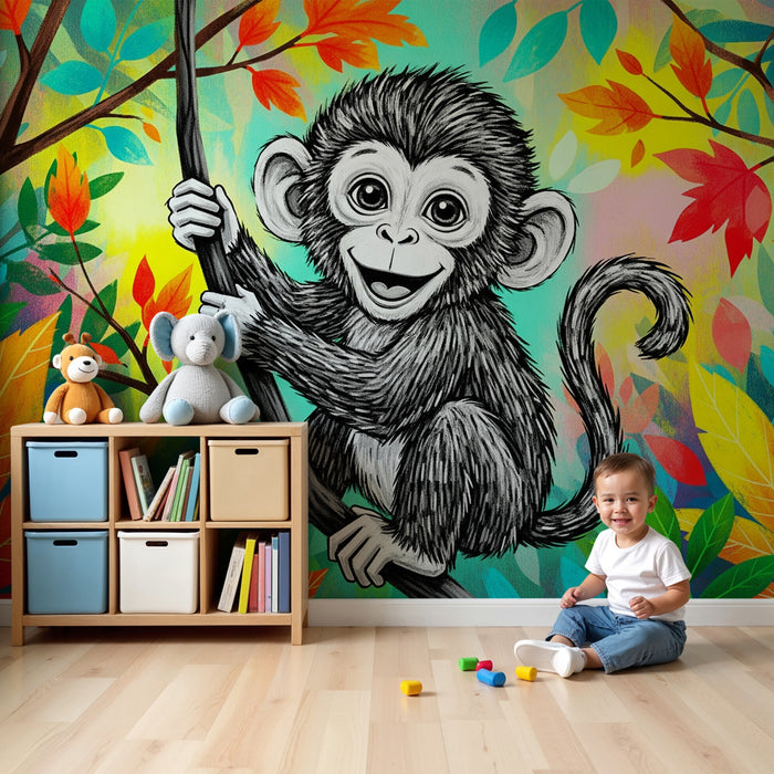Papier peint chambre enfant | Singe espiègle dans la jungle colorée