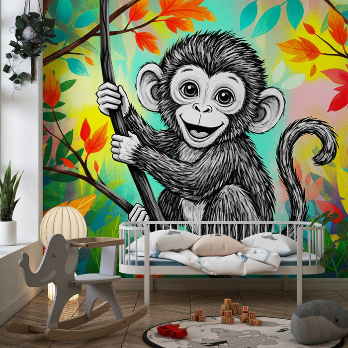 Papier peint chambre enfant | Singe espiègle dans la jungle colorée