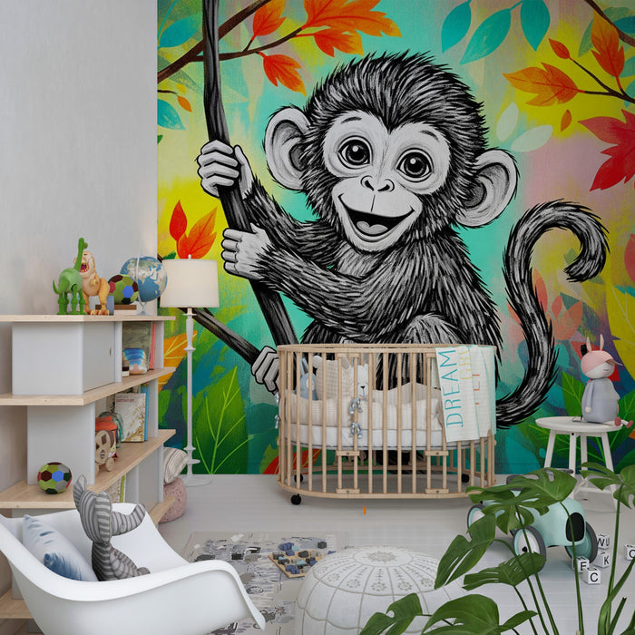 Papier peint chambre enfant | Singe espiègle dans la jungle colorée