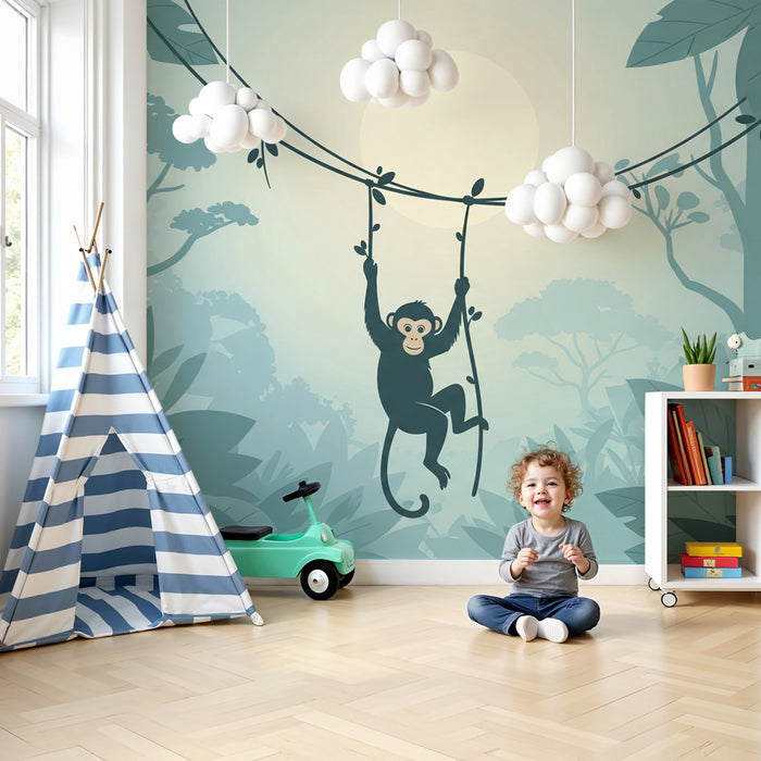 Papier peint chambre enfant | Singe espiègle dans la jungle en teintes de bleu