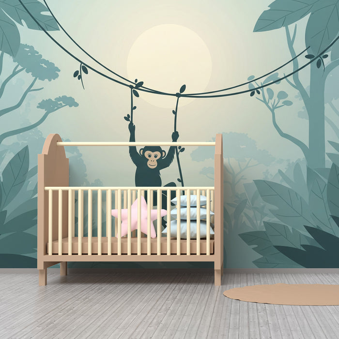 Papier peint chambre enfant | Singe espiègle dans la jungle en teintes de bleu