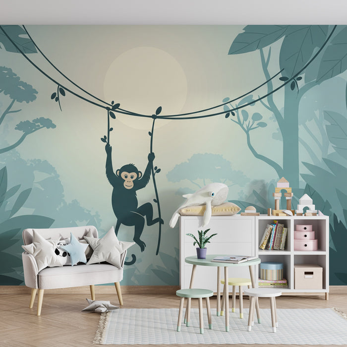 Papier peint chambre enfant | Singe espiègle dans la jungle en teintes de bleu