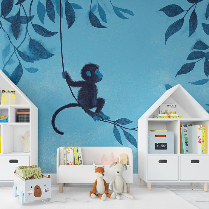 Kids room wallpaper | Playful monkey in a blue jungle