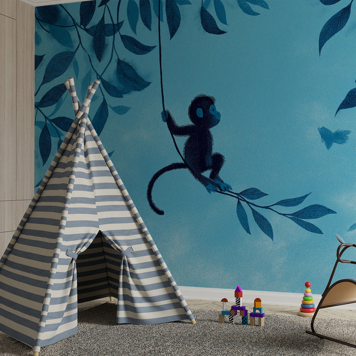 Kids room wallpaper | Playful monkey in a blue jungle