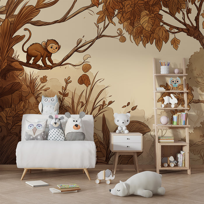 Papier peint chambre enfant | Singe espiègle dans une jungle chaleureuse