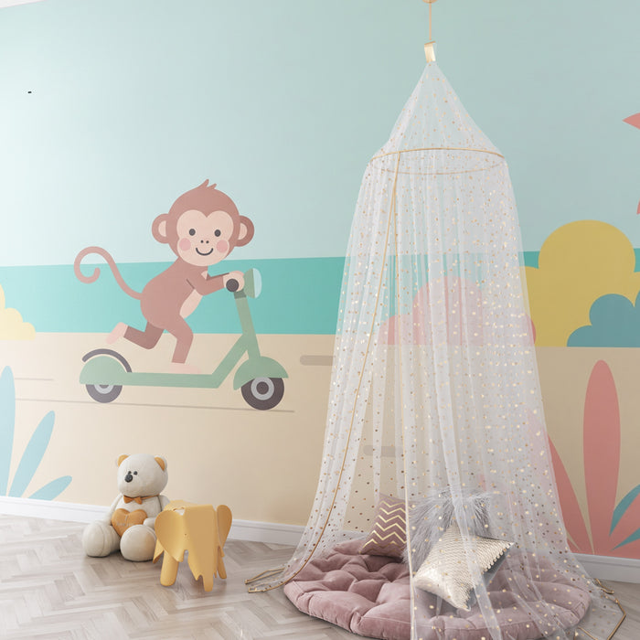 Carta da parati bambini | Scimmia birichina in monopattino sulla spiaggia