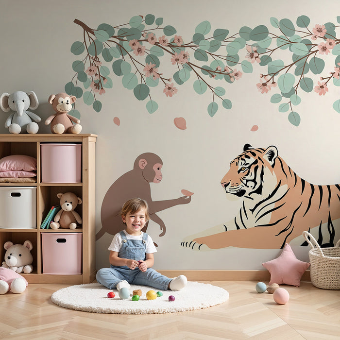 Dječja soba tapeta | Lukavi majmun i veličanstveni tigar ispod nježnog lišća
