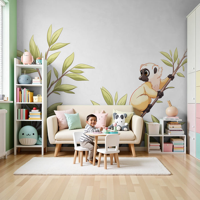 Kids room wallpaper | Playful monkey perched on a branch surrounded by foliage