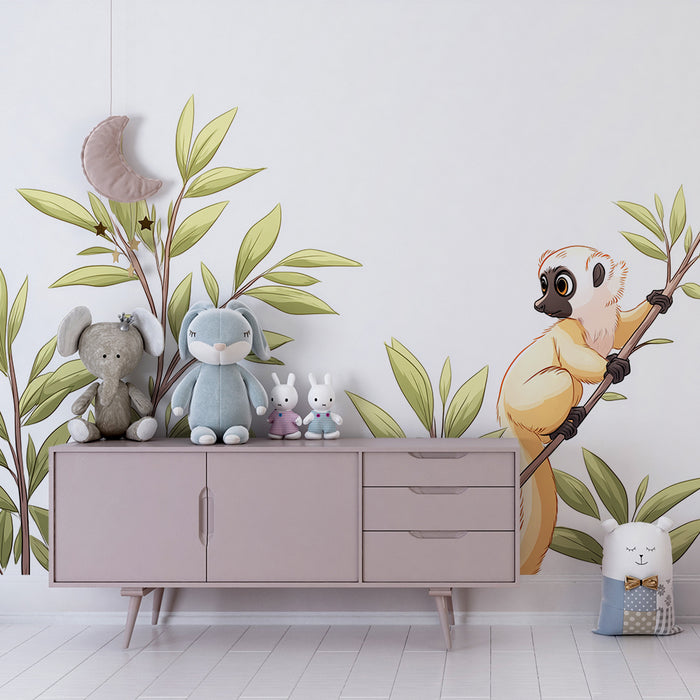 Kids room wallpaper | Playful monkey perched on a branch surrounded by foliage