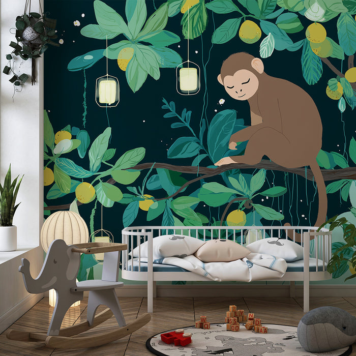 Papel de parede criança | Macaco travesso em um galho com limões e lanternas