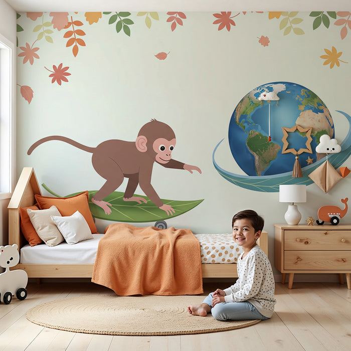Papier peint chambre enfant | Singe espiègle sur une feuille avec la Terre en arrière-plan