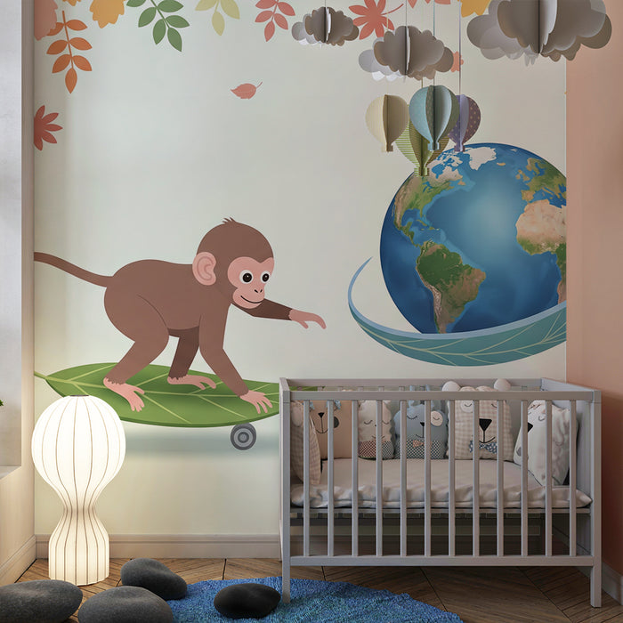 Papier peint chambre enfant | Singe espiègle sur une feuille avec la Terre en arrière-plan