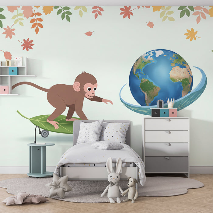 Papier peint chambre enfant | Singe espiègle sur une feuille avec la Terre en arrière-plan