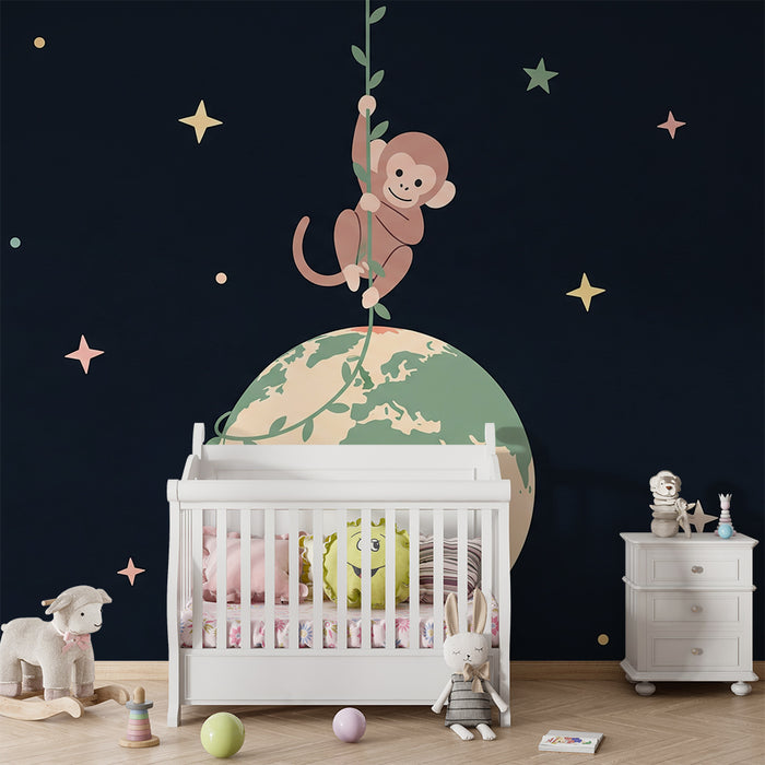 Gyermekszoba tapéta | Bolond majom a csillagok között lógva a Földön