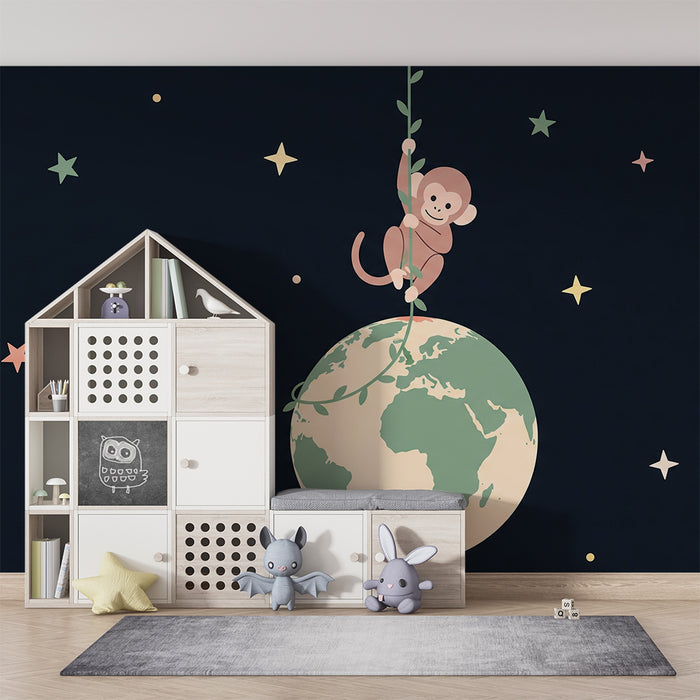 Gyermekszoba tapéta | Bolond majom a csillagok között lógva a Földön