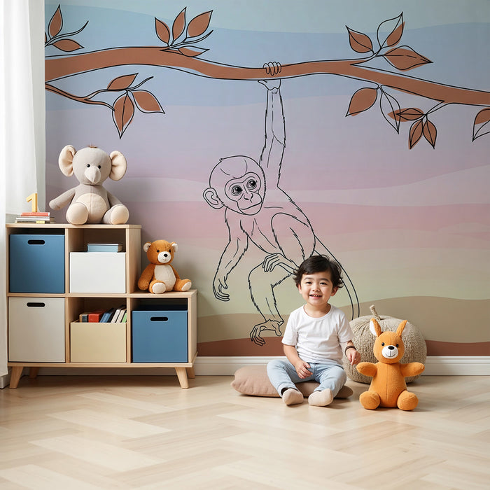 Kinderzimmer Tapete | Verspielter Affe hängt an einem Ast in einer Pastelllandschaft