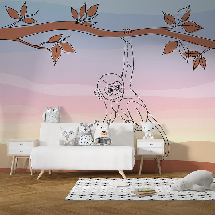 Kinderzimmer Tapete | Verspielter Affe hängt an einem Ast in einer Pastelllandschaft