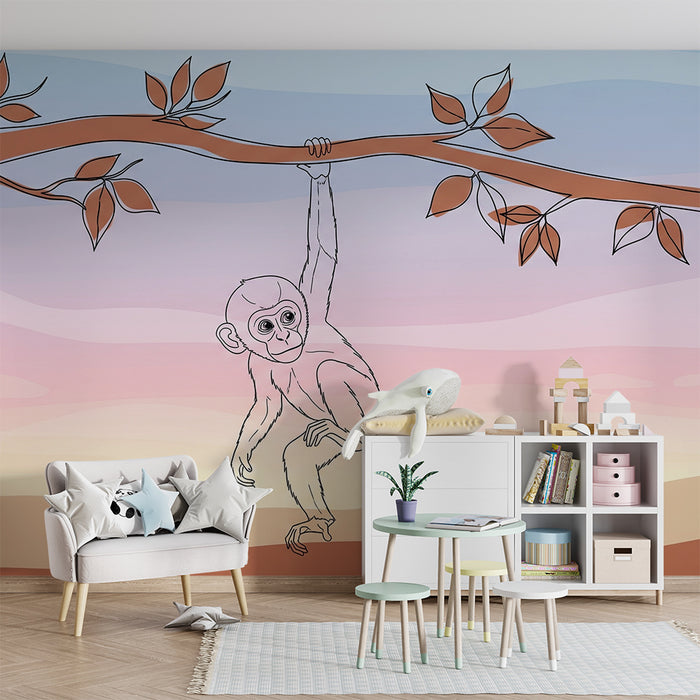 Kinderzimmer Tapete | Verspielter Affe hängt an einem Ast in einer Pastelllandschaft