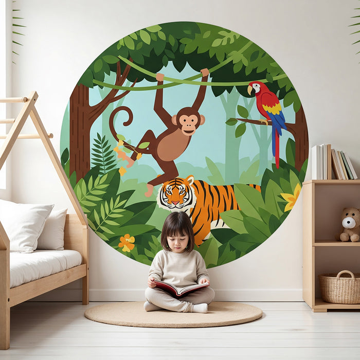 Kinderzimmer Tapete | Verspielter Affe, majestätischer Tiger und bunter Papagei im Dschungel