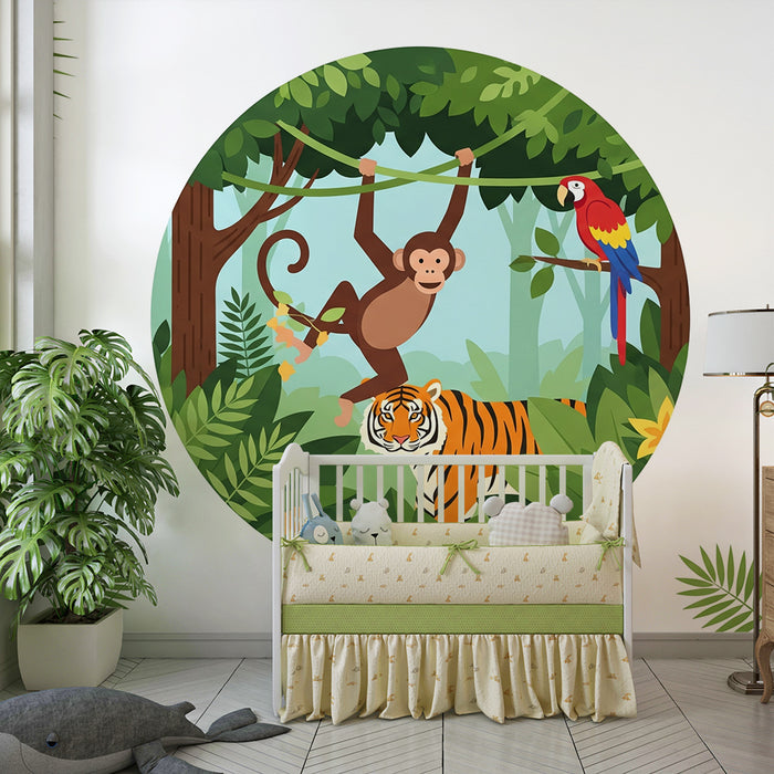Kinderzimmer Tapete | Verspielter Affe, majestätischer Tiger und bunter Papagei im Dschungel