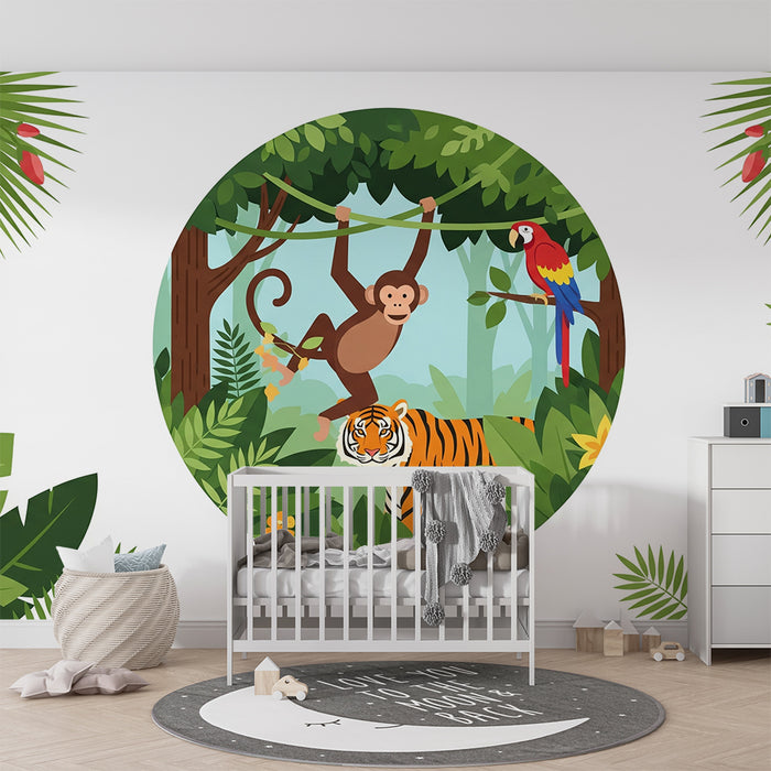 Kinderzimmer Tapete | Verspielter Affe, majestätischer Tiger und bunter Papagei im Dschungel