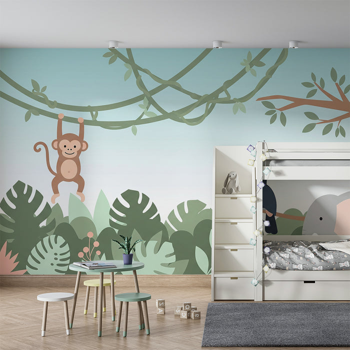 Papel pintado infantil | Mono travieso, tucán colorido y elefante en una jungla exuberante