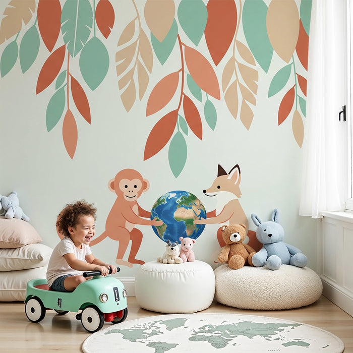 Kids room wallpaper | Monkey and fox holding the globe under colorful leaves