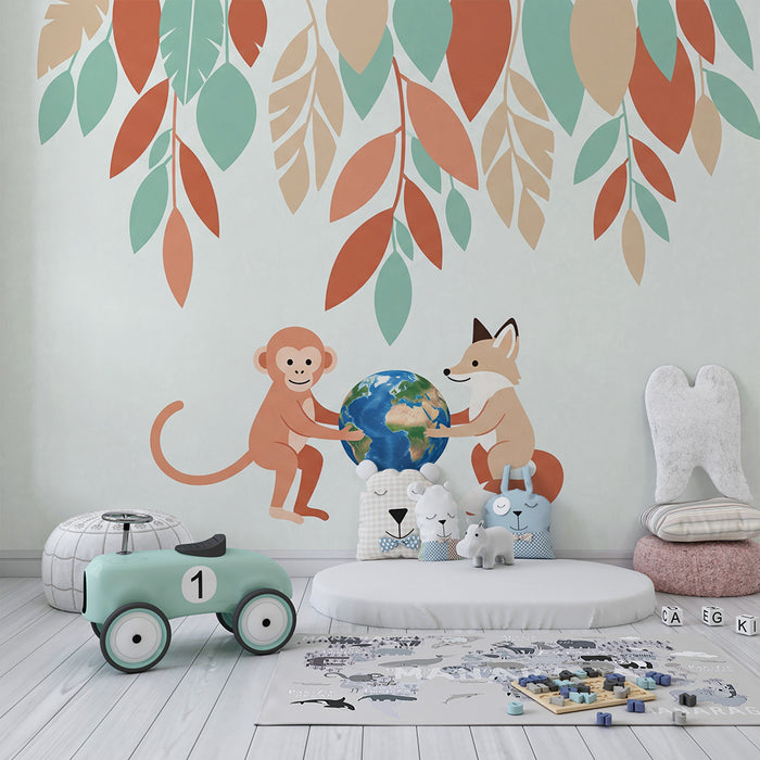 Kids room wallpaper | Monkey and fox holding the globe under colorful leaves