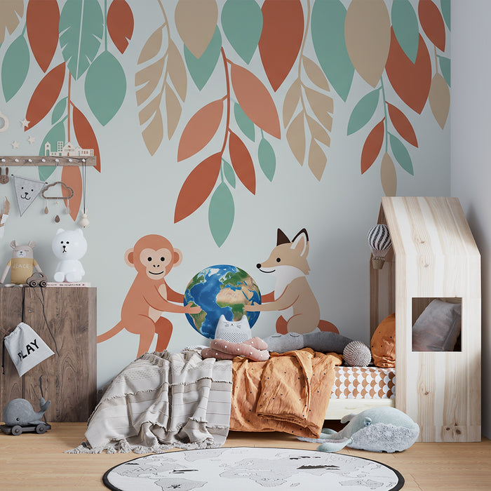 Kids room wallpaper | Monkey and fox holding the globe under colorful leaves